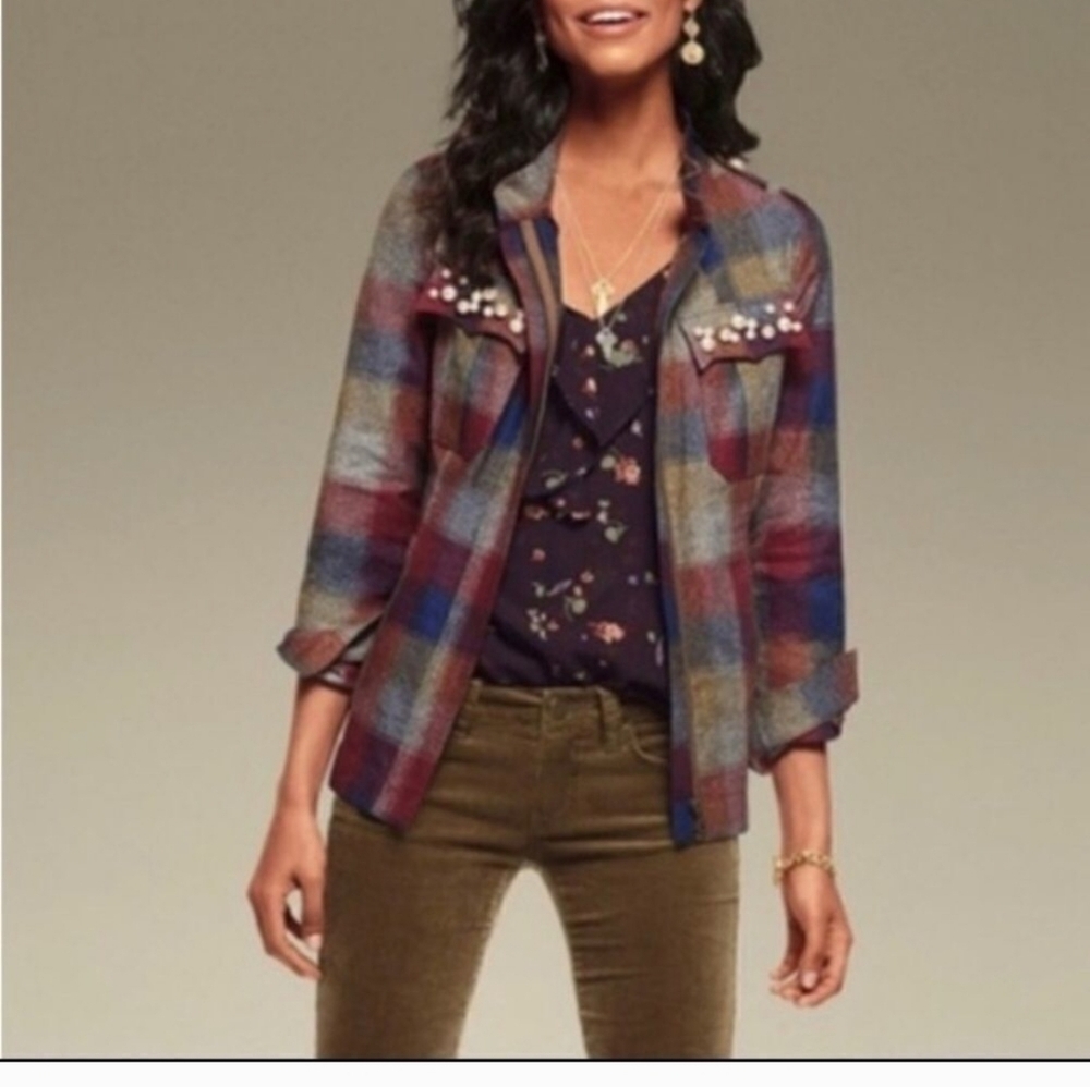 Cani Plaid Multicolor Women's Jacket With Pearls Size Small